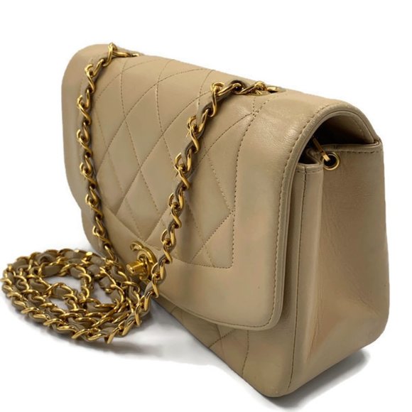 Authentic CHANEL Lambskin Small Diana Single Chain Single Flap Bag Beige - Picture 5 of 15